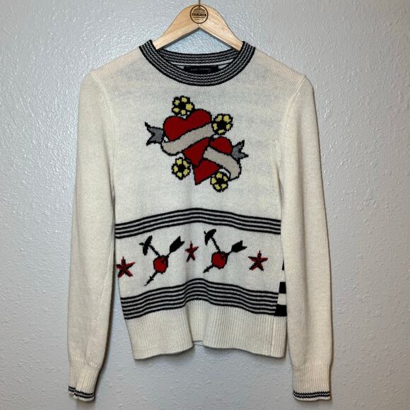 Marc Jacobs Tattoo Hearts Cherries 100% Wool Crewneck Sweater Ivory Size Small - Picture 2 of 10